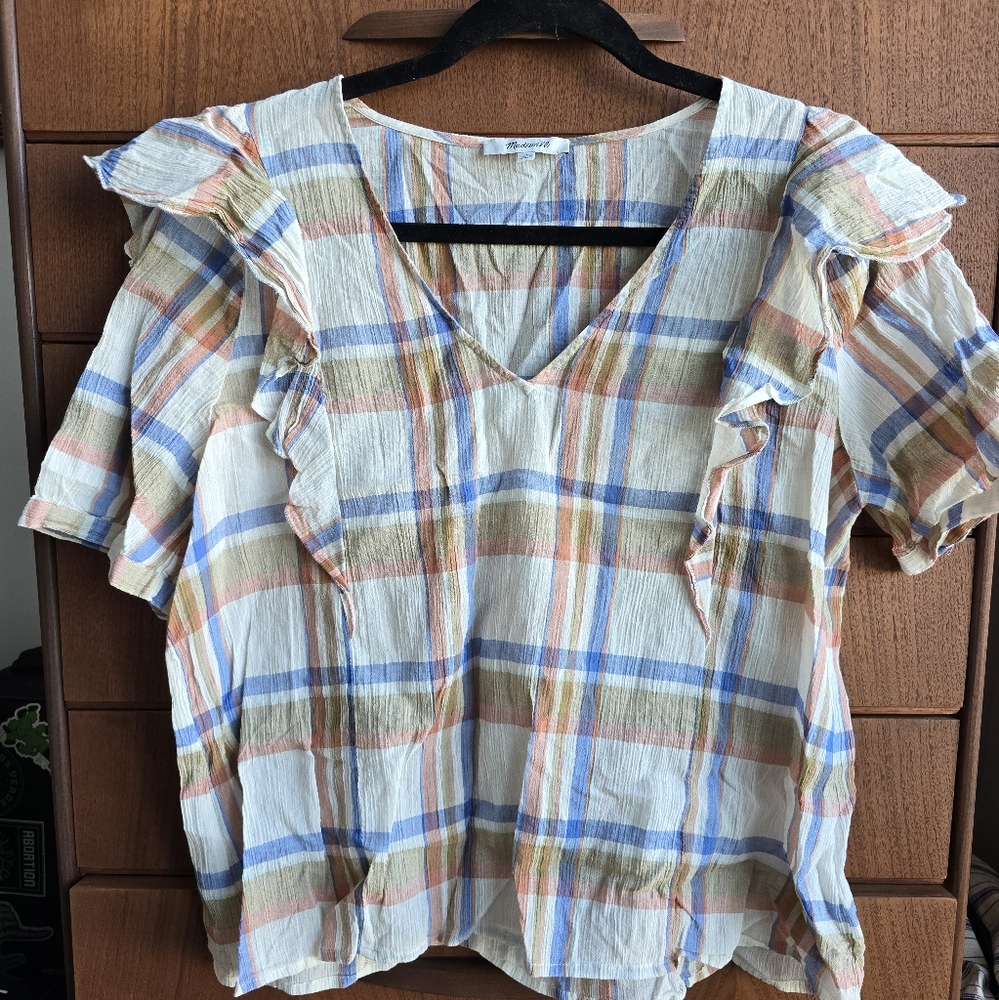 Madewell Plaid Ruffle Sleeve Women's Top